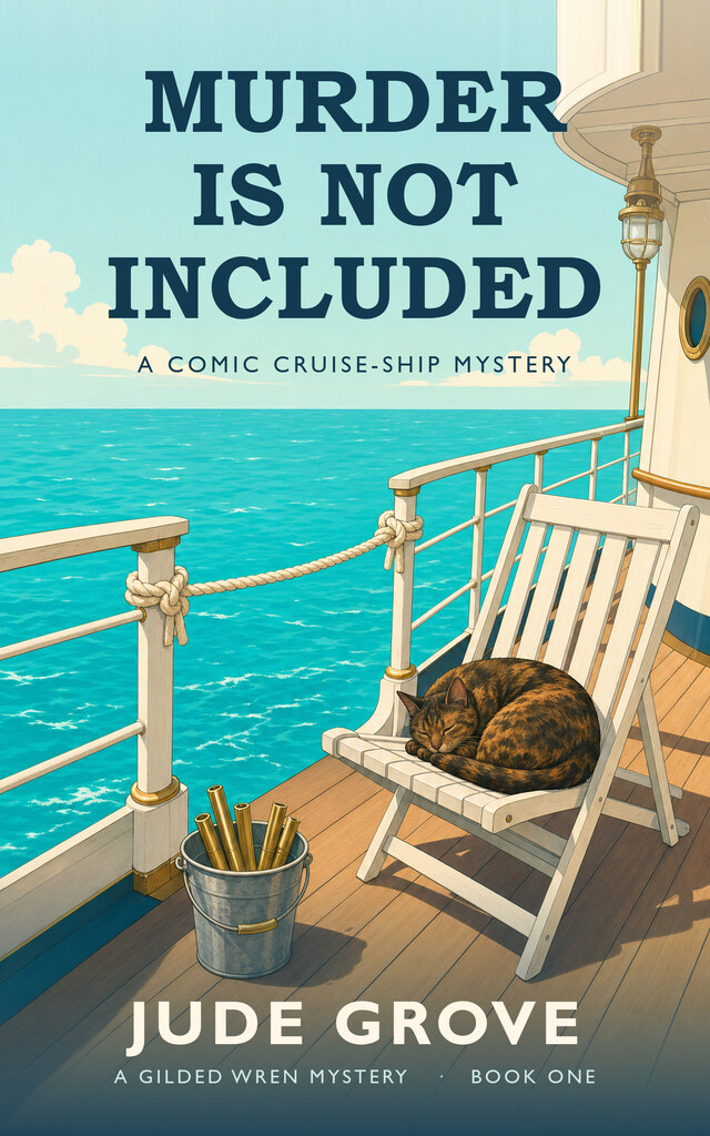Cover of Murder Is Not Included: a ship's railing with a missing section and a rope tied across the gap, a tortoiseshell cat asleep in a deck chair, turquoise sea beyond.