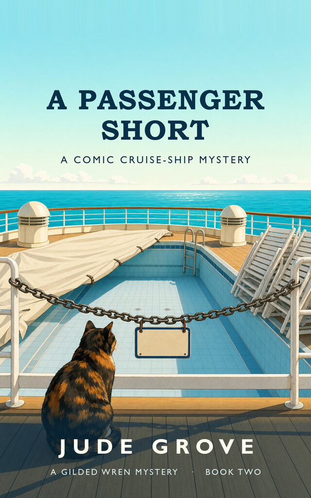 Cover of A Passenger Short: a drained swimming pool closed off behind a chain with a blank sign hanging from it, a tortoiseshell cat sitting at the edge looking in.