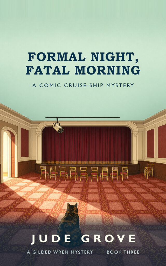 Cover of Formal Night, Fatal Morning: an empty raked theatre floor with a single follow-spot on it, and a tortoiseshell cat sitting where the front row used to be.