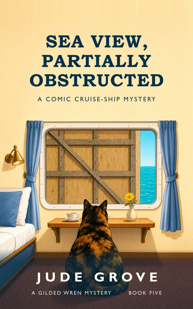 Cover of Sea View, Partially Obstructed: a cabin window boarded over with planks, a small vase of flowers on the sill, and a tortoiseshell cat sitting on the table looking at it.