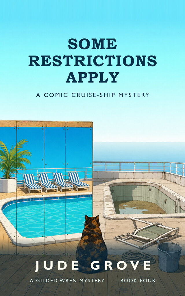 Cover of Some Restrictions Apply: an advertising panel showing a bright blue pool with loungers, standing in front of the drained and cracked pool it depicts, with a tortoiseshell cat sitting between them.