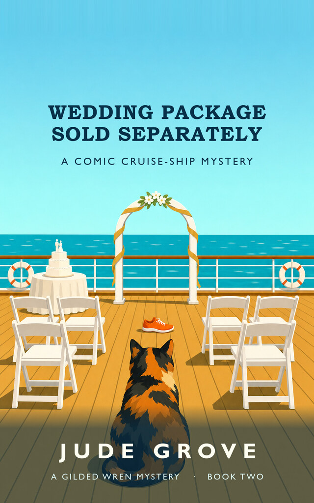 Cover of Wedding Package Sold Separately: a ship's deck set for a wedding, with an empty arch, empty white chairs and a cake, one orange running shoe lying in the aisle, and a tortoiseshell cat sitting with her back to us, looking at it.